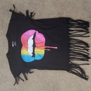 On Fire- Rainbow mouth, fringed black top, size L